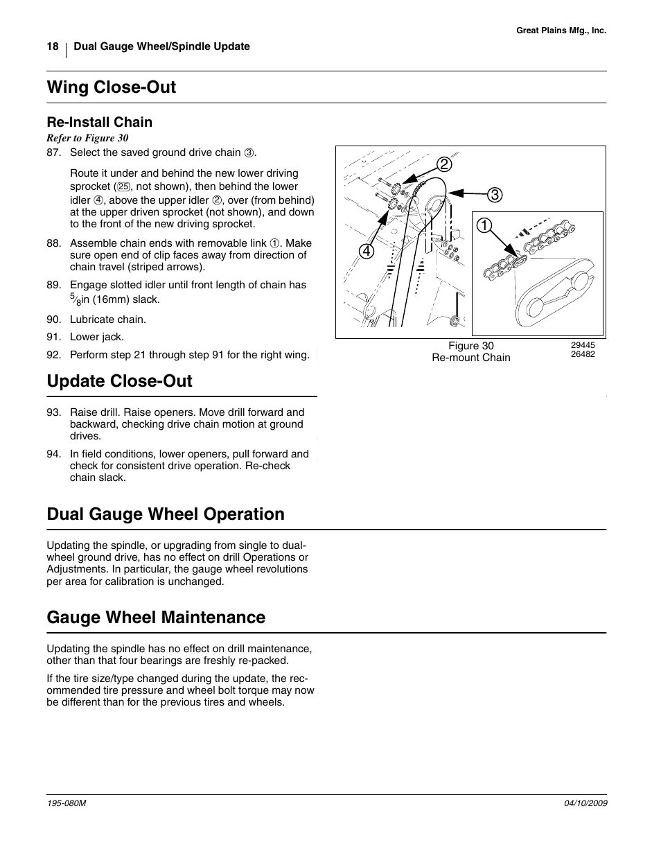 Wing close-out, Re-install chain, Update close-out | Dual gauge wheel operation, Gauge wheel maintenance, 91 are f | Great Plains Gauge Wheel-Spindle User Manual | Page 18 / 24