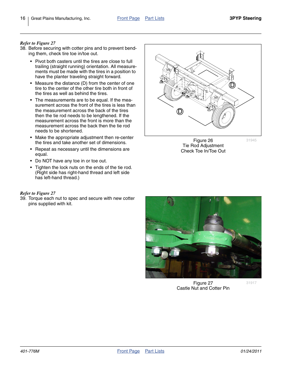 Ibed in step 38, secure with cotter pins, Ibed in step 38, secure with, Refer to figure 27 | Great Plains 3PYP Steering Kit User Manual | Page 16 / 18