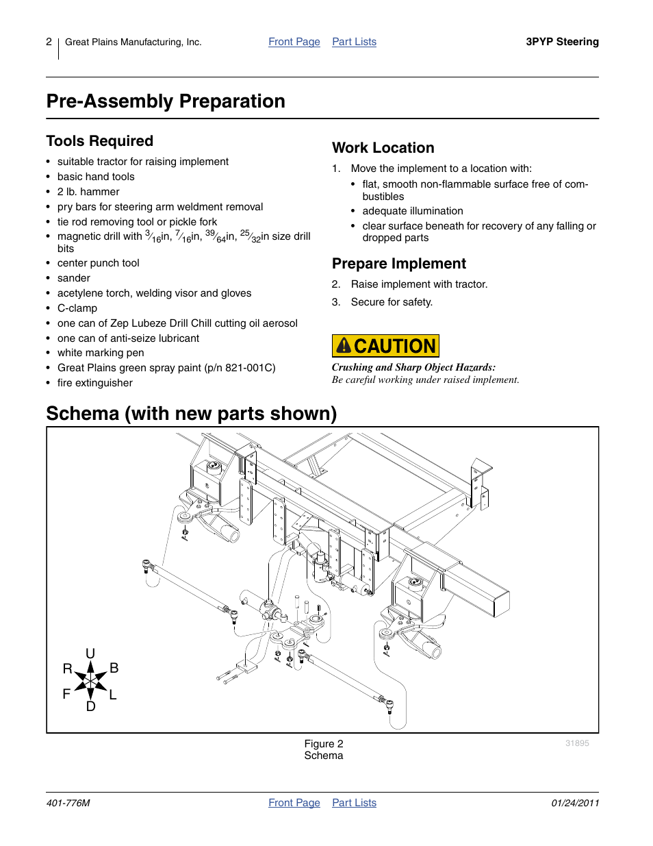 Pre-assembly preparation, Schema (with new parts shown), Tools required | Work location, Prepare implement | Great Plains 3PYP Steering Kit User Manual | Page 2 / 18