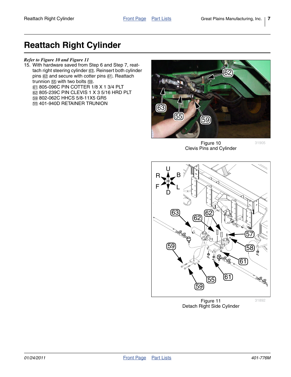 Reattach right cylinder | Great Plains 3PYP Steering Kit User Manual | Page 7 / 18