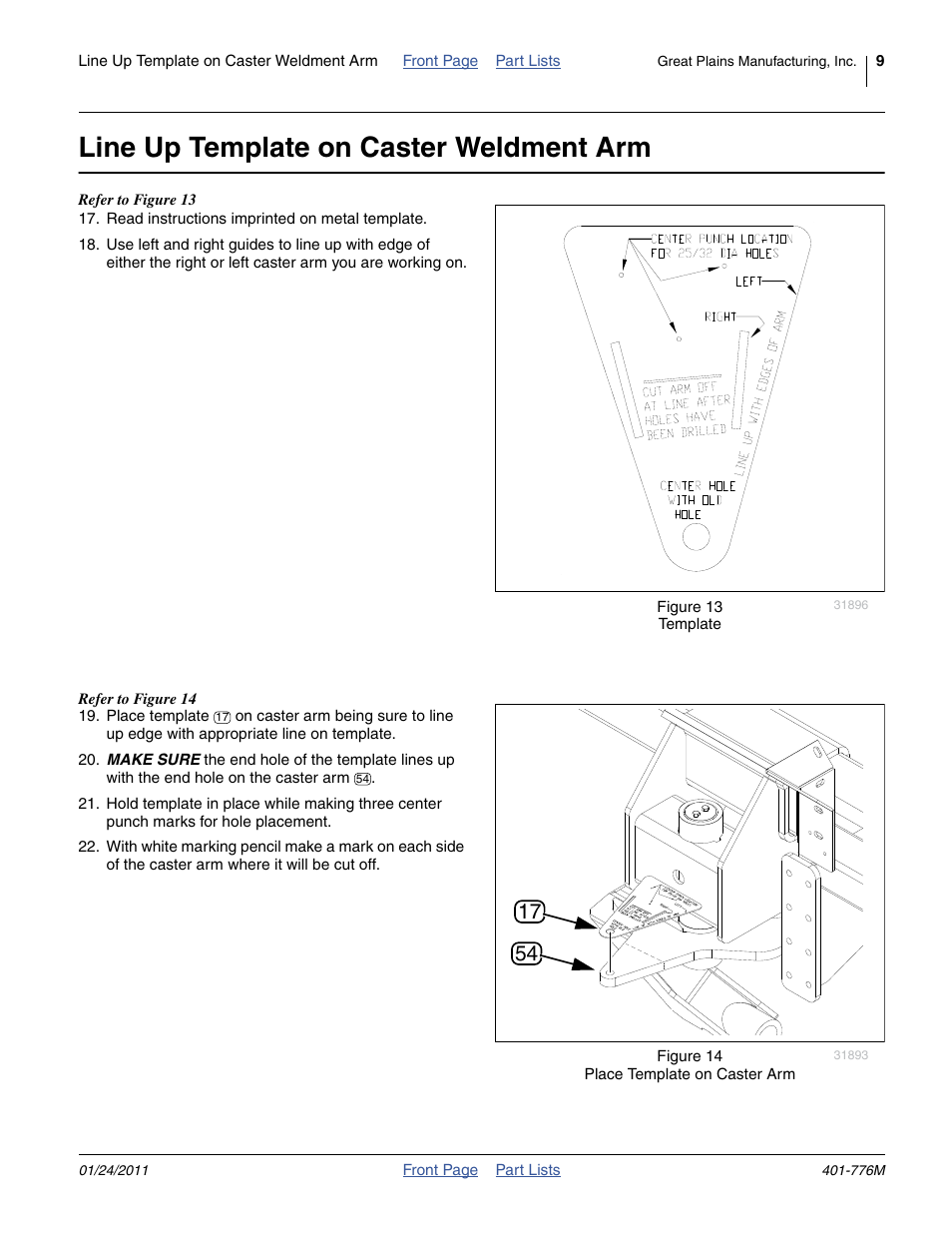 Line up template on caster weldment arm | Great Plains 3PYP Steering Kit User Manual | Page 9 / 18