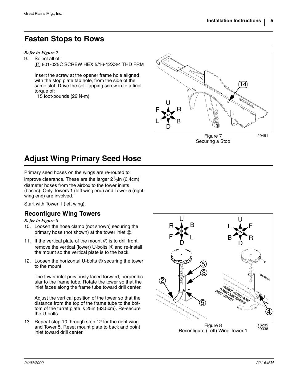 Fasten stops to rows, Adjust wing primary seed hose, Reconfigure wing towers | Great Plains CTA4000HD User Manual | Page 5 / 8