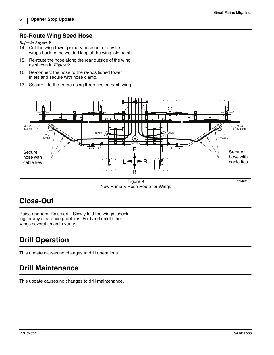 Re-route wing seed hose, Close-out, Drill operation | Drill maintenance, Lr b f | Great Plains CTA4000HD User Manual | Page 6 / 8