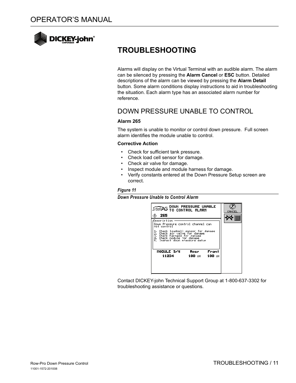 Troubleshooting, Operator’s manual, Down pressure unable to control | Great Plains DICKEY-john Down Pressure Control User Manual | Page 13 / 15