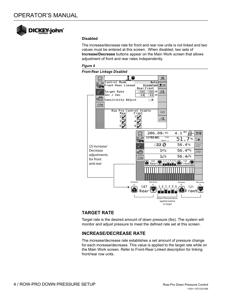 Operator’s manual, Target rate, Increase/decrease rate | 4 / row-pro down pressure setup | Great Plains DICKEY-john Down Pressure Control User Manual | Page 6 / 15