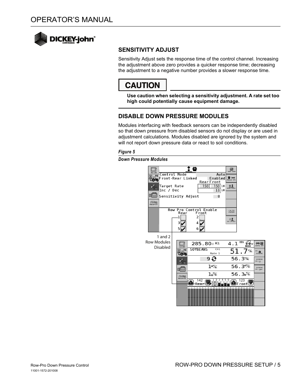 Operator’s manual, Sensitivity adjust, Disable down pressure modules | Great Plains DICKEY-john Down Pressure Control User Manual | Page 7 / 15