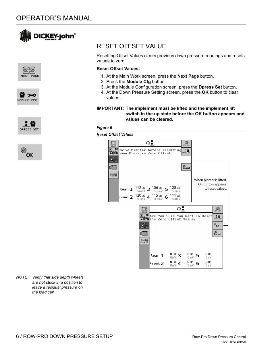 Operator’s manual, Reset offset value | Great Plains DICKEY-john Down Pressure Control User Manual | Page 8 / 15