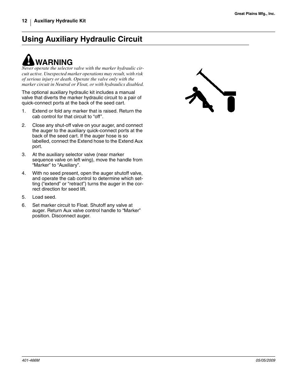 Using auxiliary hydraulic circuit, Warning | Great Plains Auxiliary Hydraulic Kit User Manual | Page 12 / 14