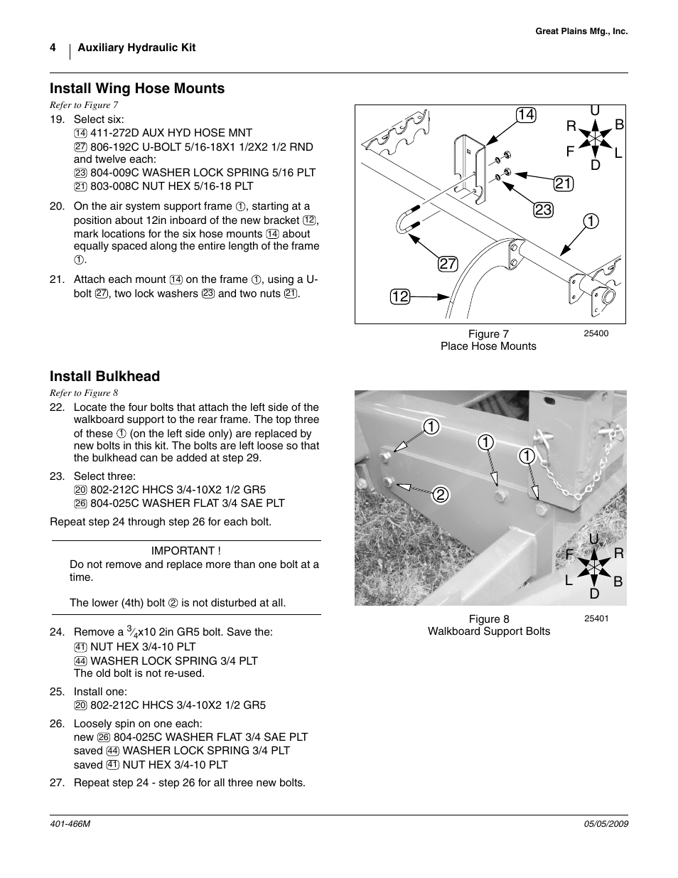 Install wing hose mounts, Install bulkhead | Great Plains Auxiliary Hydraulic Kit User Manual | Page 4 / 14