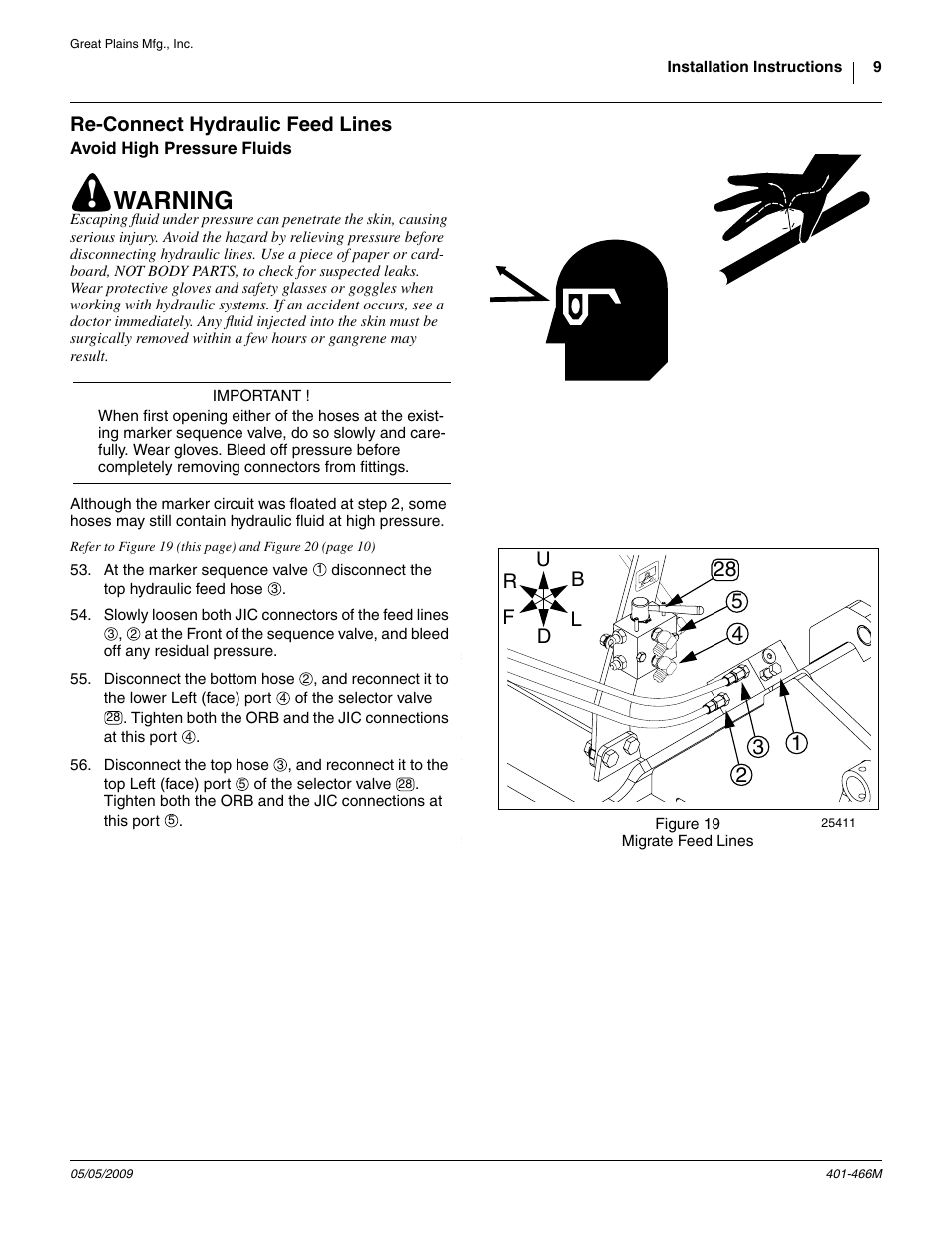 Re-connect hydraulic feed lines, Avoid high pressure fluids, Warning | Great Plains Auxiliary Hydraulic Kit User Manual | Page 9 / 14