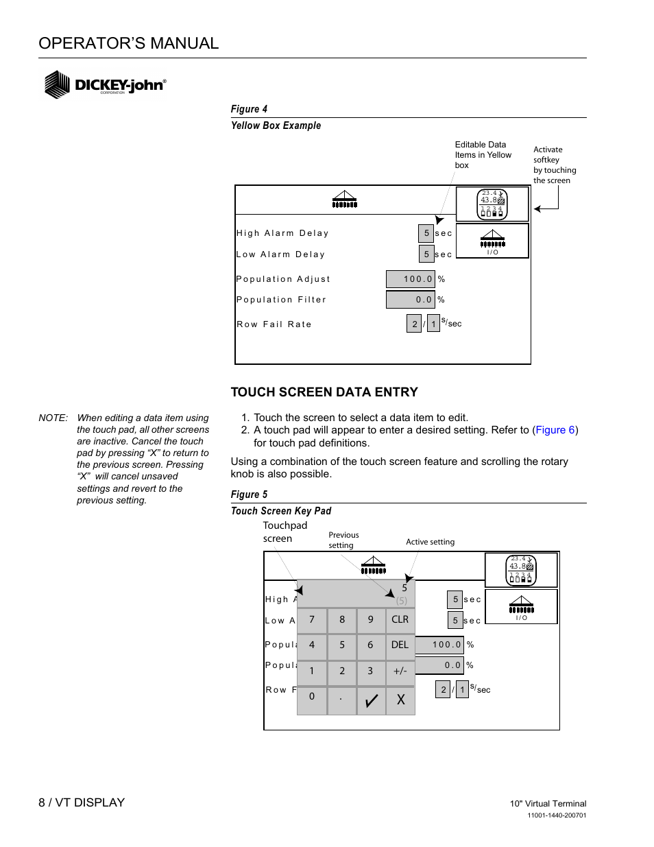 Operator’s manual, Touch screen data entry, 8 / vt display | Great Plains DICKEY-john AI100 10-inch Virtual Terminal User Manual | Page 10 / 73