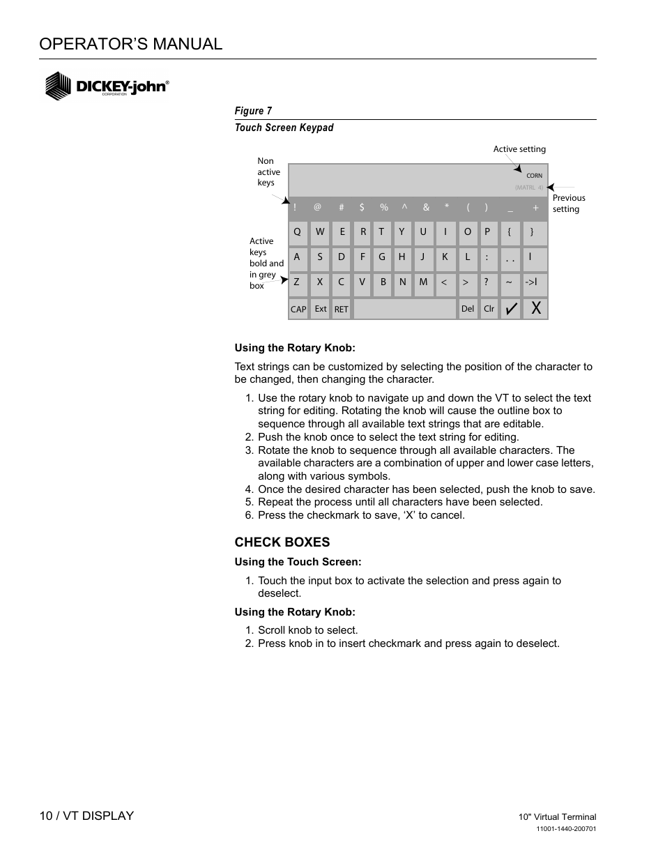 Operator’s manual, Check boxes | Great Plains DICKEY-john AI100 10-inch Virtual Terminal User Manual | Page 12 / 73