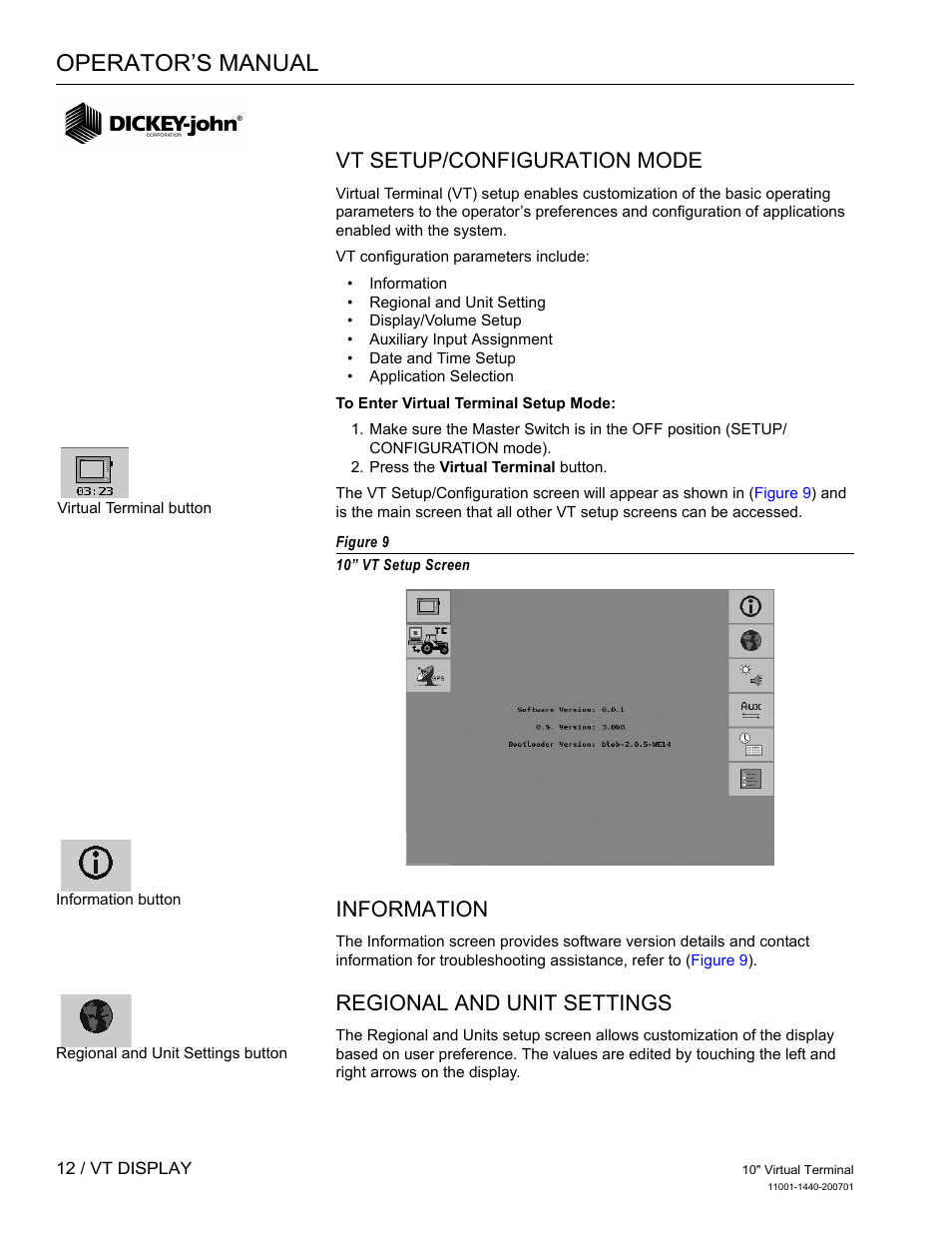 Operator’s manual, Vt setup/configuration mode, Information | Regional and unit settings | Great Plains DICKEY-john AI100 10-inch Virtual Terminal User Manual | Page 14 / 73
