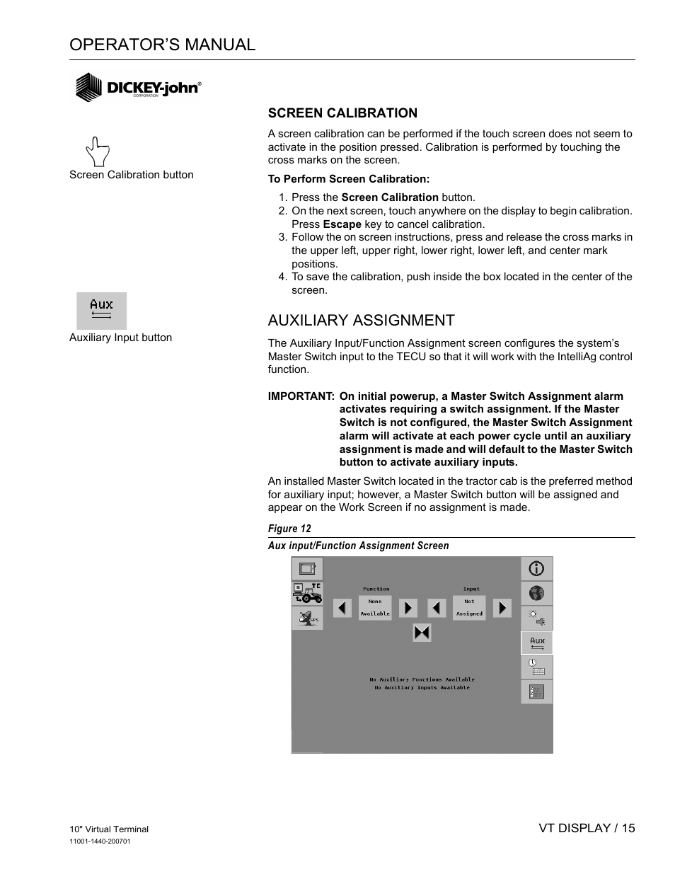 Operator’s manual, Auxiliary assignment | Great Plains DICKEY-john AI100 10-inch Virtual Terminal User Manual | Page 17 / 73