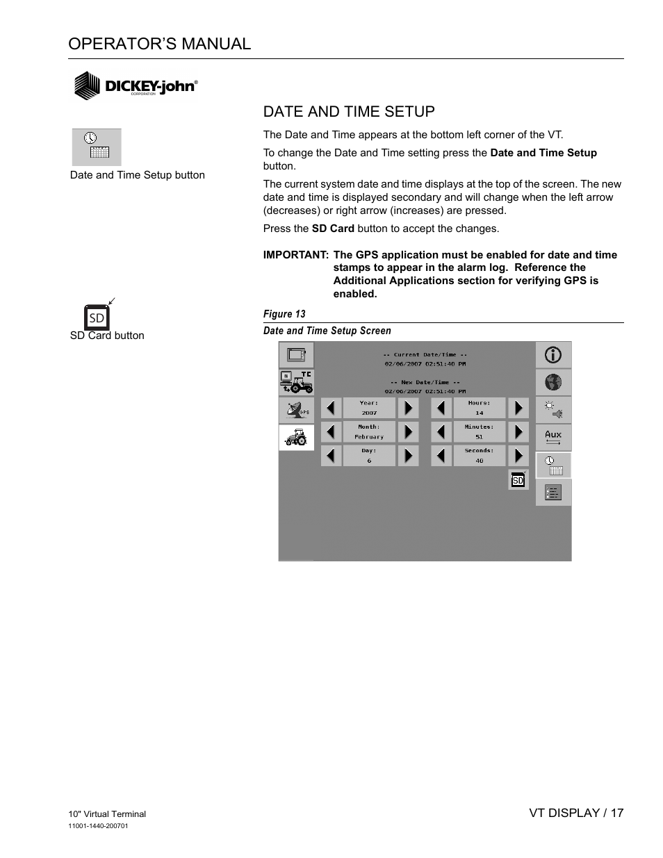 Operator’s manual, Date and time setup | Great Plains DICKEY-john AI100 10-inch Virtual Terminal User Manual | Page 19 / 73
