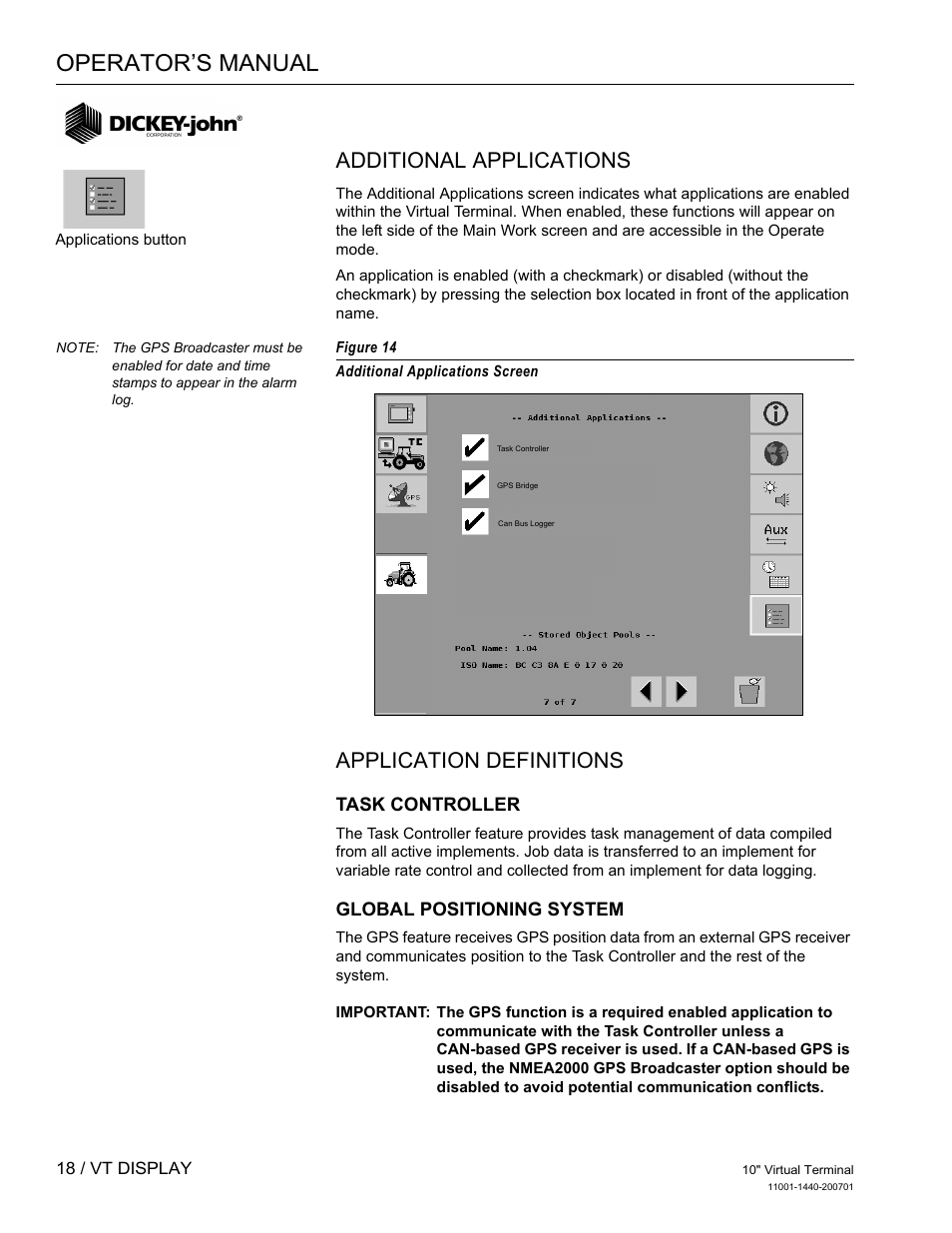 Operator’s manual, Additional applications, Application definitions | Great Plains DICKEY-john AI100 10-inch Virtual Terminal User Manual | Page 20 / 73