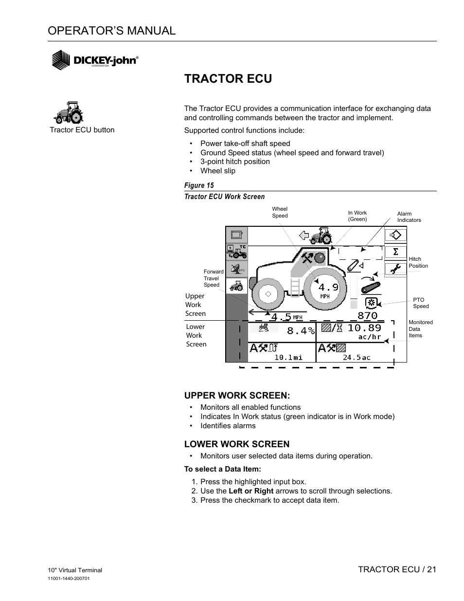 Tractor ecu, Operator’s manual, Upper work screen | Lower work screen, Tractor ecu / 21 | Great Plains DICKEY-john AI100 10-inch Virtual Terminal User Manual | Page 23 / 73