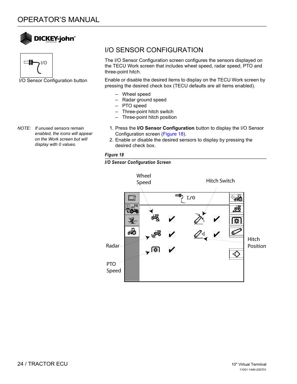 Operator’s manual, I/o sensor configuration | Great Plains DICKEY-john AI100 10-inch Virtual Terminal User Manual | Page 26 / 73