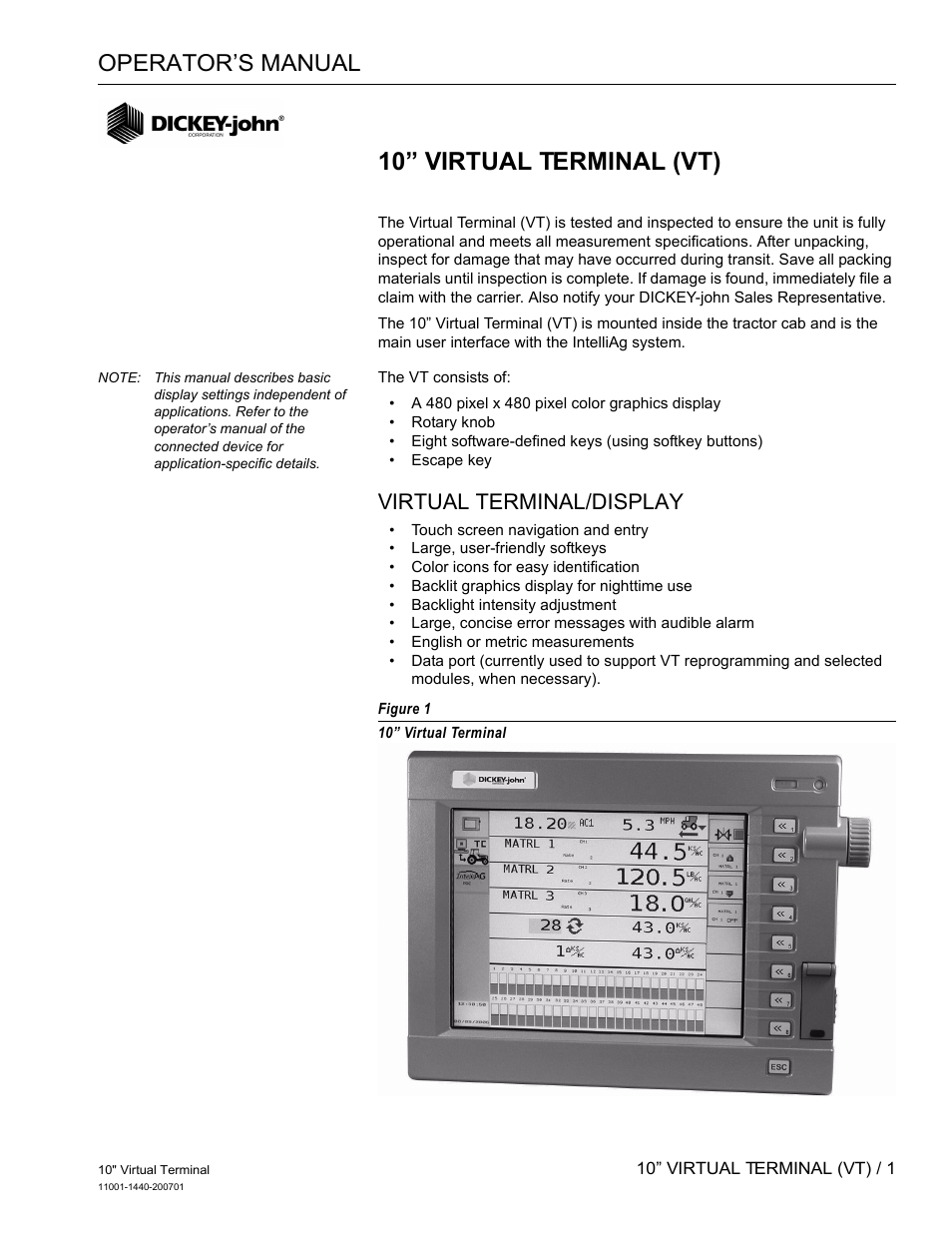 10” virtual terminal (vt), Operator’s manual, Virtual terminal/display | Great Plains DICKEY-john AI100 10-inch Virtual Terminal User Manual | Page 3 / 73