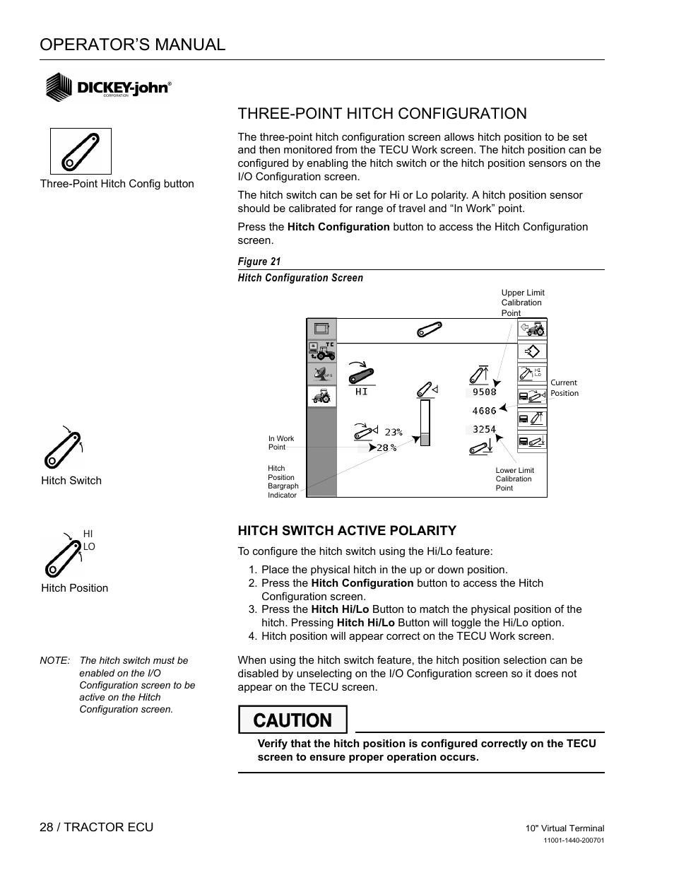 Operator’s manual, Three-point hitch configuration, Hitch switch active polarity | Great Plains DICKEY-john AI100 10-inch Virtual Terminal User Manual | Page 30 / 73