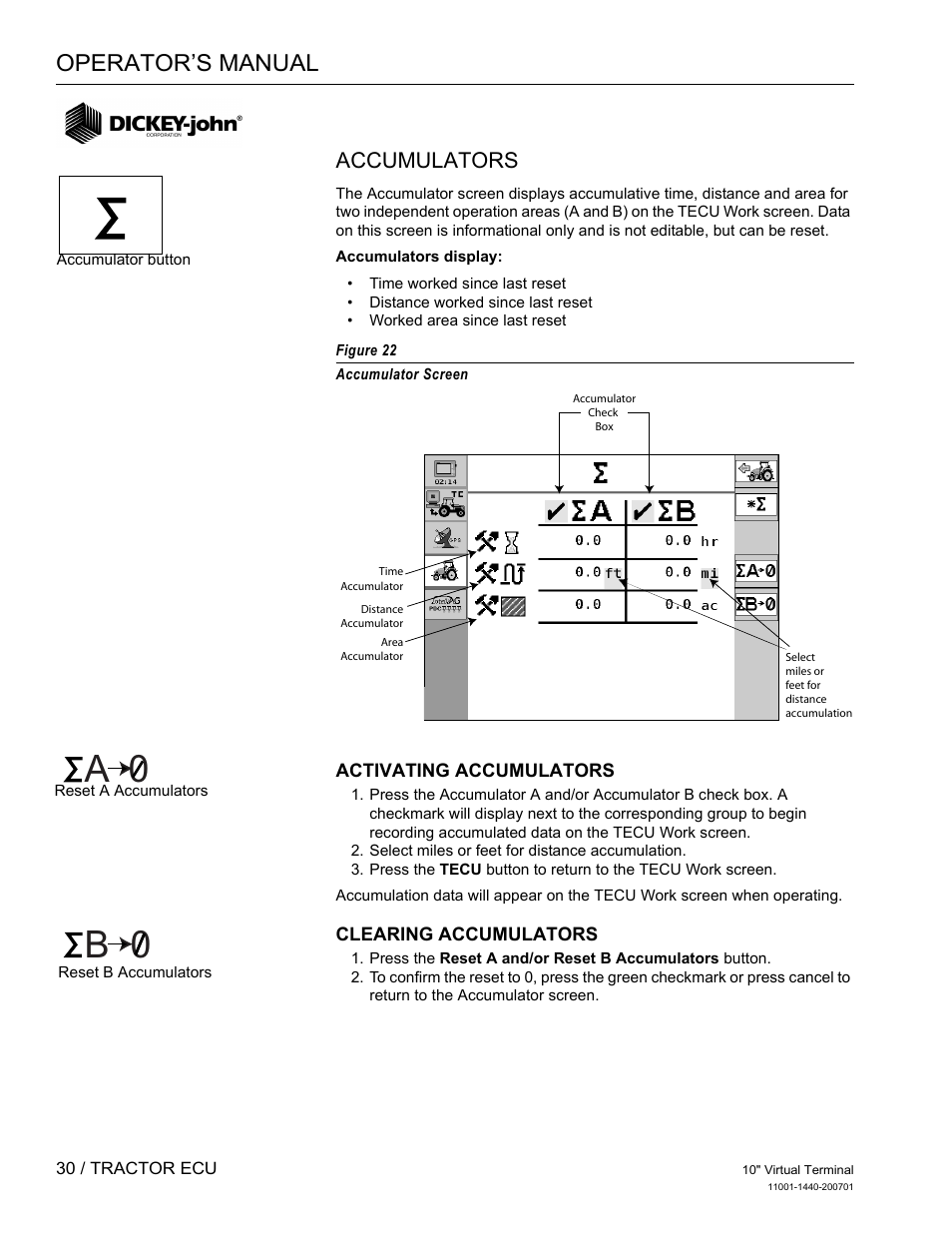 A 0 b 0, Operator’s manual, Accumulators | Great Plains DICKEY-john AI100 10-inch Virtual Terminal User Manual | Page 32 / 73