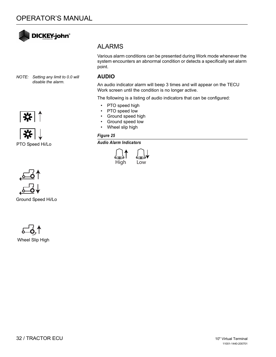 Operator’s manual, Alarms | Great Plains DICKEY-john AI100 10-inch Virtual Terminal User Manual | Page 34 / 73
