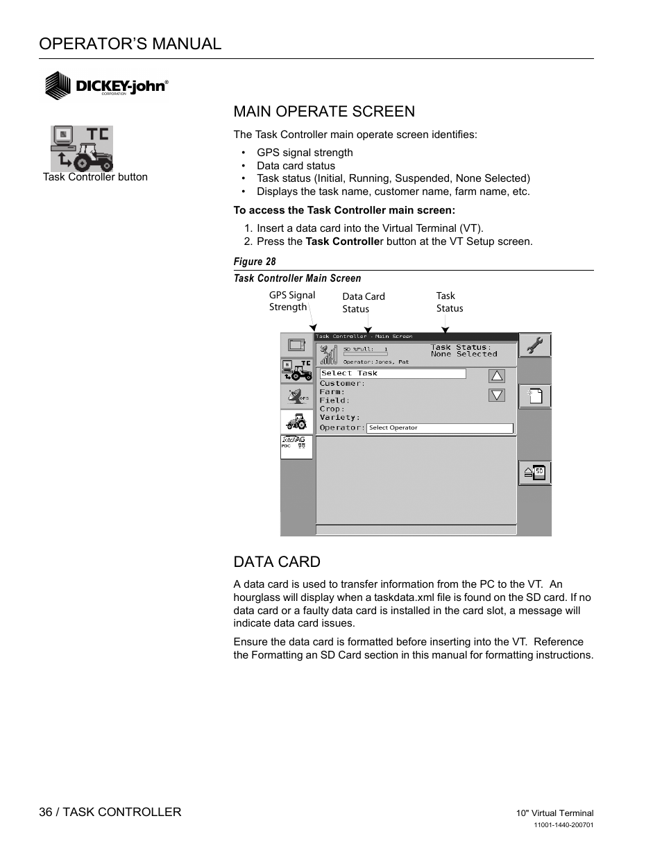 Operator’s manual, Main operate screen, Data card | Great Plains DICKEY-john AI100 10-inch Virtual Terminal User Manual | Page 38 / 73