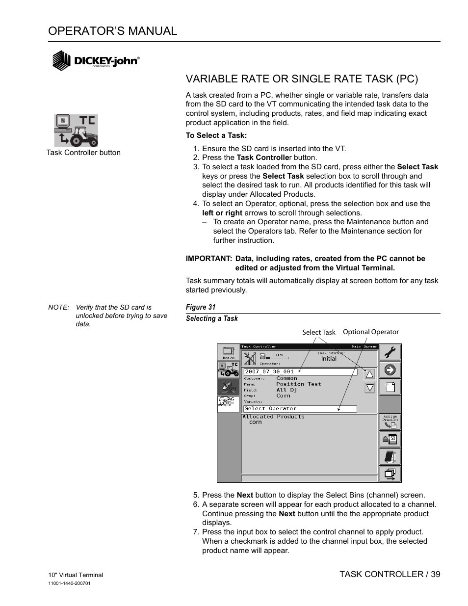 Operator’s manual, Variable rate or single rate task (pc) | Great Plains DICKEY-john AI100 10-inch Virtual Terminal User Manual | Page 41 / 73