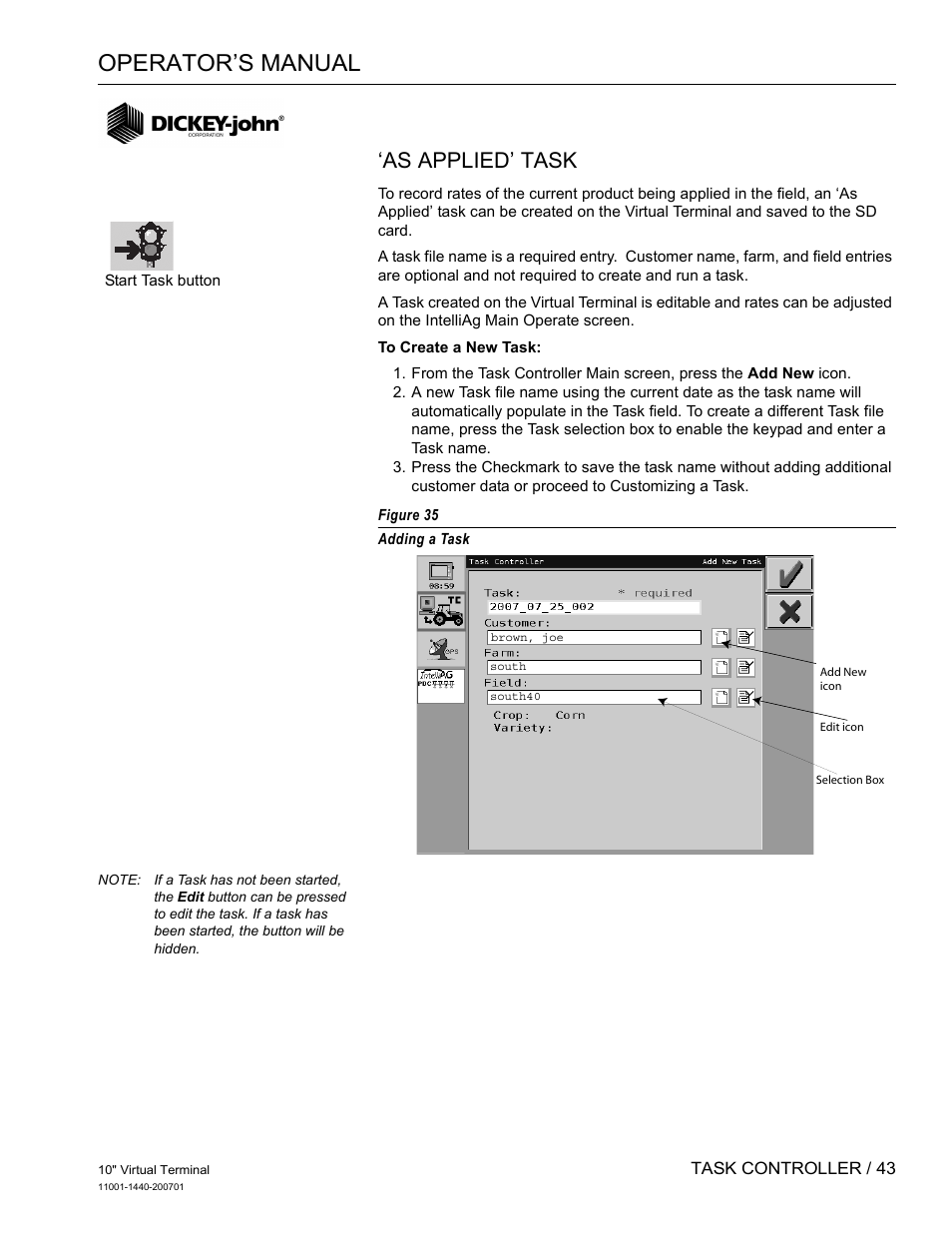Operator’s manual, As applied’ task | Great Plains DICKEY-john AI100 10-inch Virtual Terminal User Manual | Page 45 / 73