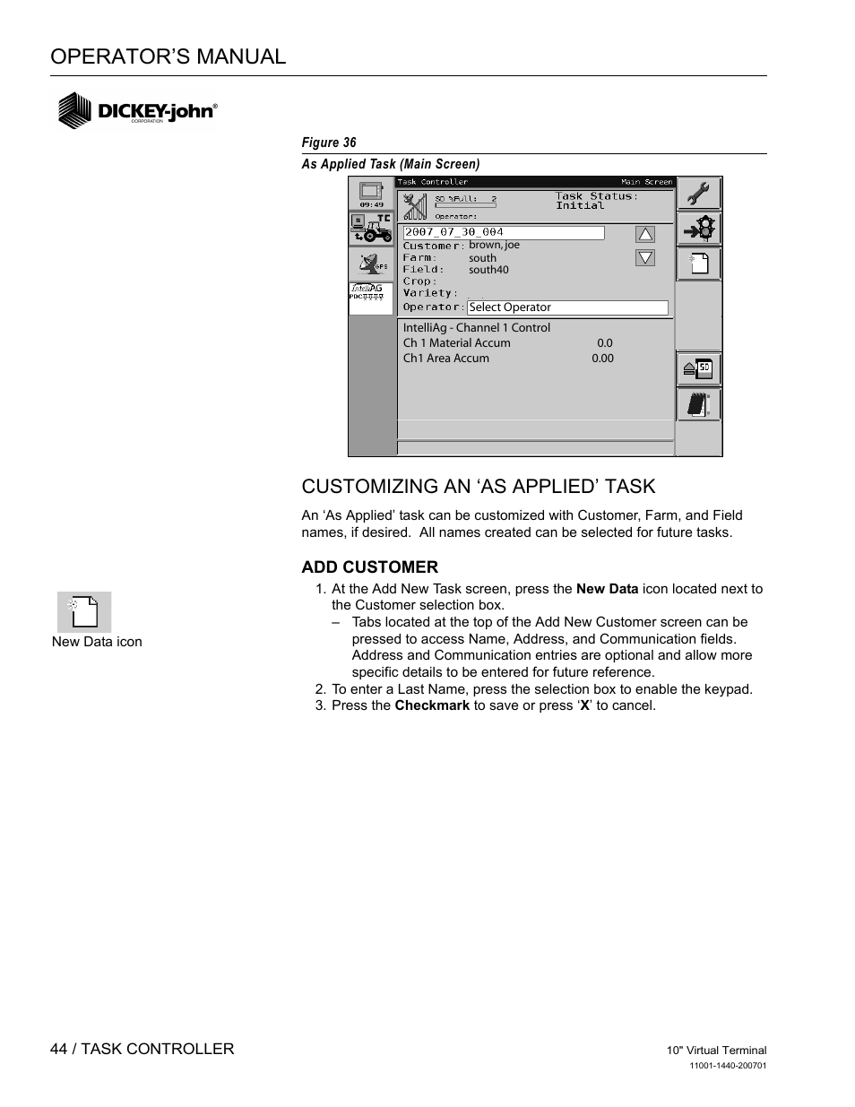 Operator’s manual, Customizing an ‘as applied’ task, Rock | Great Plains DICKEY-john AI100 10-inch Virtual Terminal User Manual | Page 46 / 73