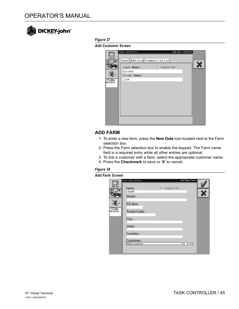 Operator’s manual, Add farm | Great Plains DICKEY-john AI100 10-inch Virtual Terminal User Manual | Page 47 / 73
