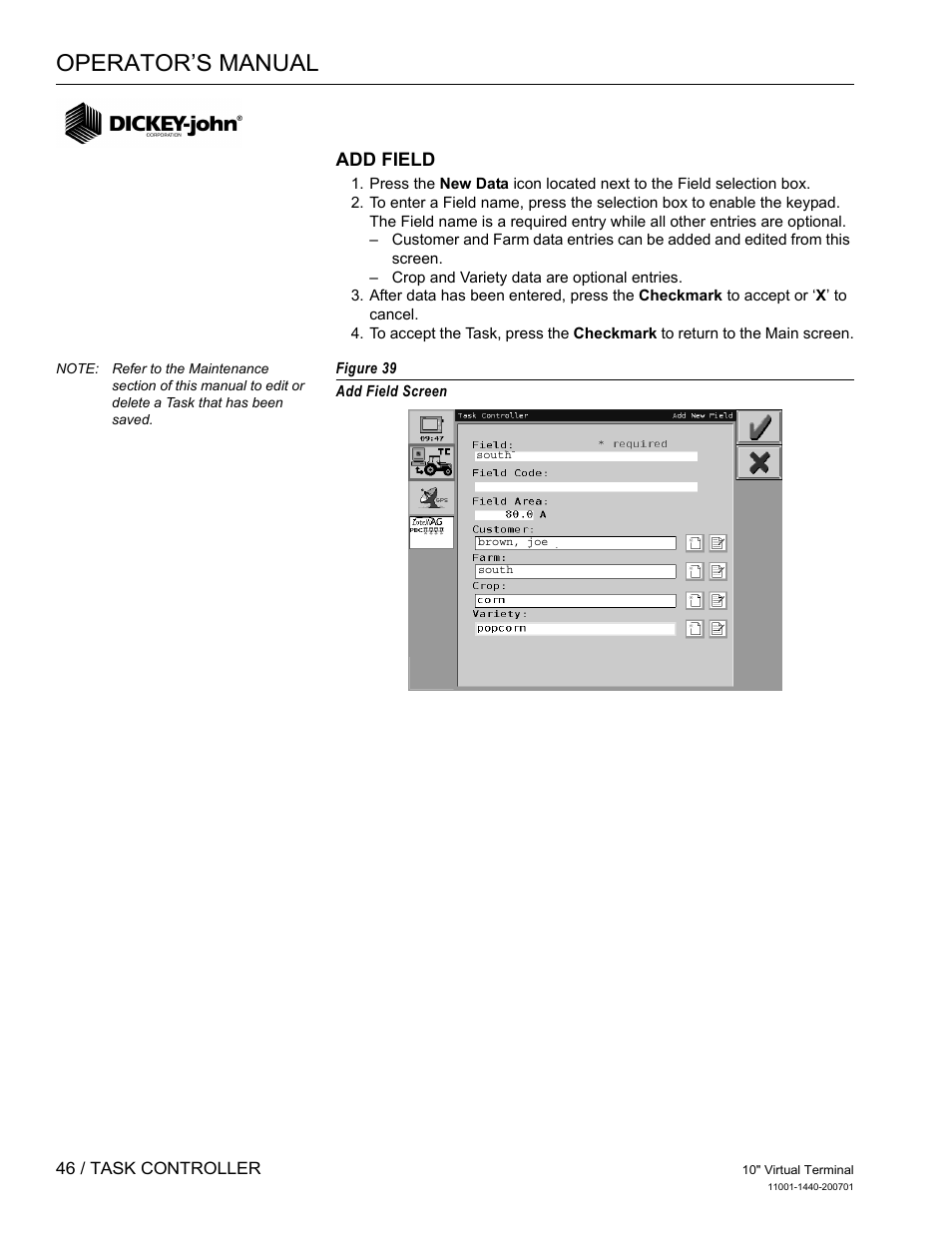 Operator’s manual, Add field | Great Plains DICKEY-john AI100 10-inch Virtual Terminal User Manual | Page 48 / 73