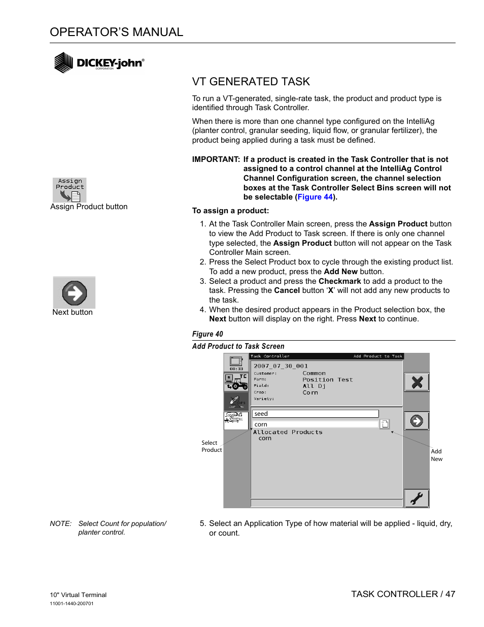 Operator’s manual, Vt generated task | Great Plains DICKEY-john AI100 10-inch Virtual Terminal User Manual | Page 49 / 73