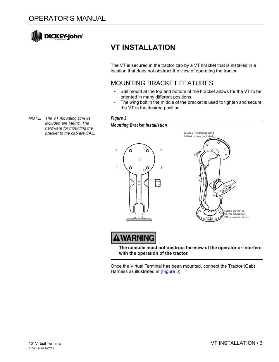 Vt installation, Operator’s manual, Mounting bracket features | Great Plains DICKEY-john AI100 10-inch Virtual Terminal User Manual | Page 5 / 73
