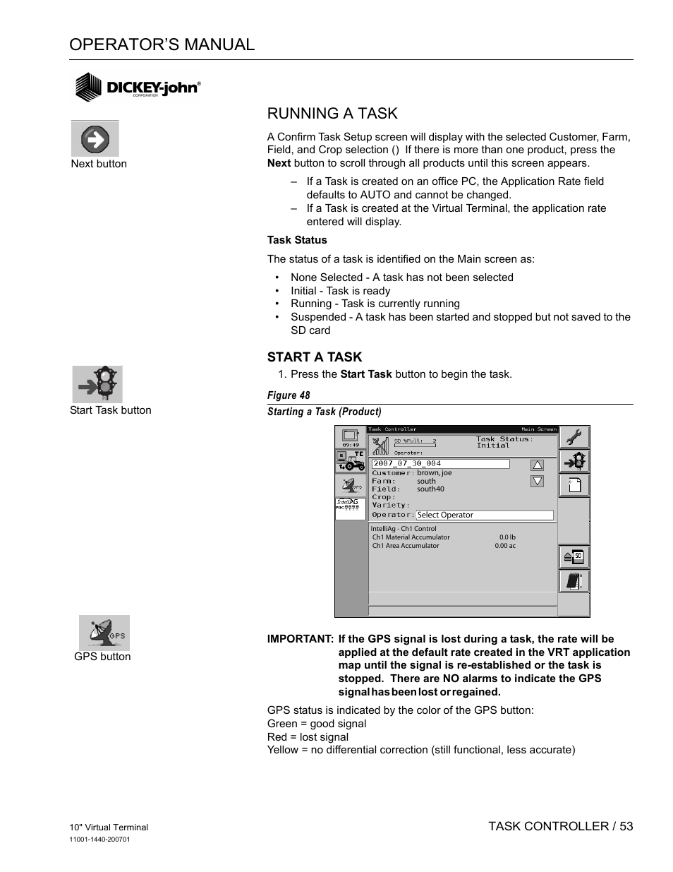 Operator’s manual, Running a task, Start a task | Great Plains DICKEY-john AI100 10-inch Virtual Terminal User Manual | Page 55 / 73