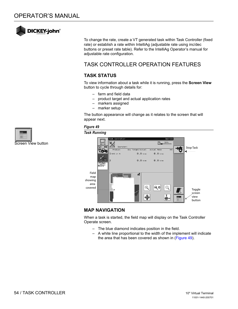 Operator’s manual, Task controller operation features | Great Plains DICKEY-john AI100 10-inch Virtual Terminal User Manual | Page 56 / 73