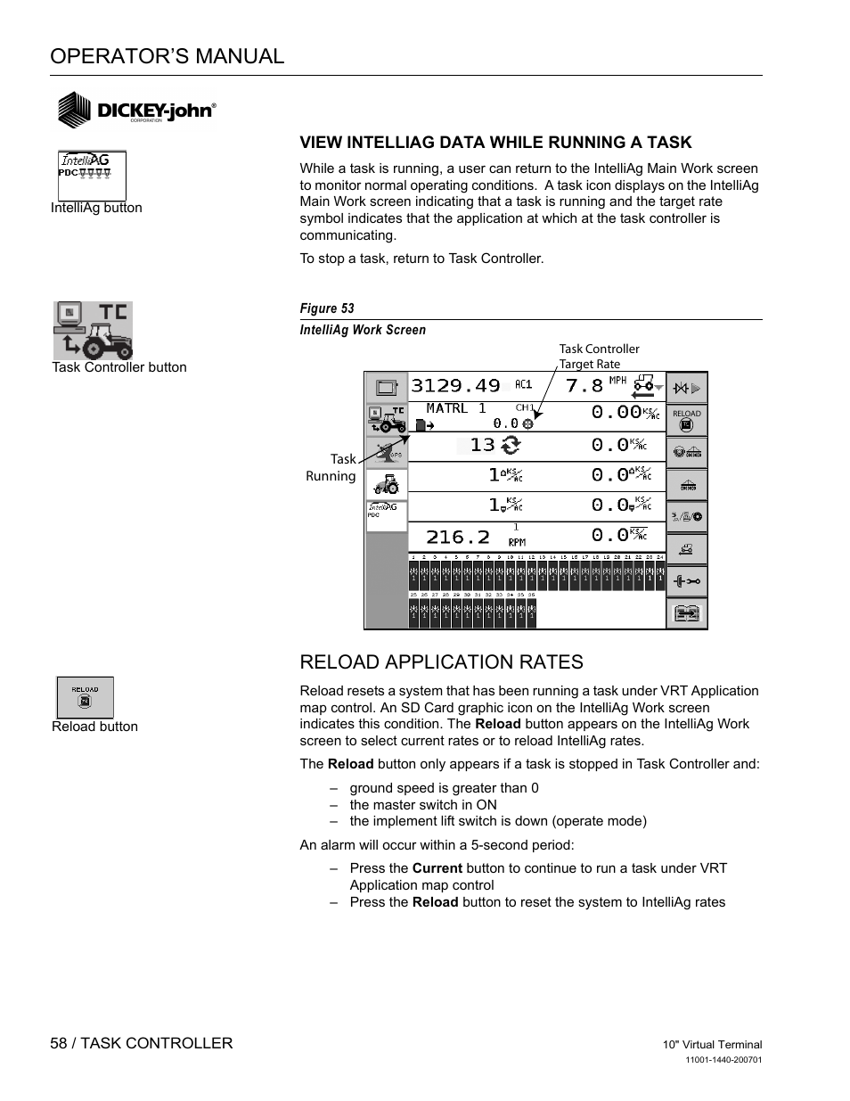 Operator’s manual, Reload application rates | Great Plains DICKEY-john AI100 10-inch Virtual Terminal User Manual | Page 60 / 73