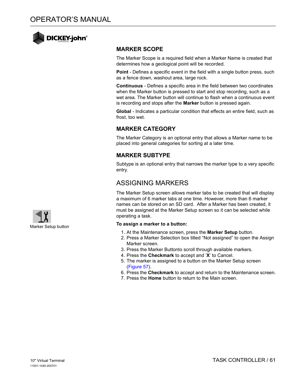 Operator’s manual, Assigning markers | Great Plains DICKEY-john AI100 10-inch Virtual Terminal User Manual | Page 63 / 73