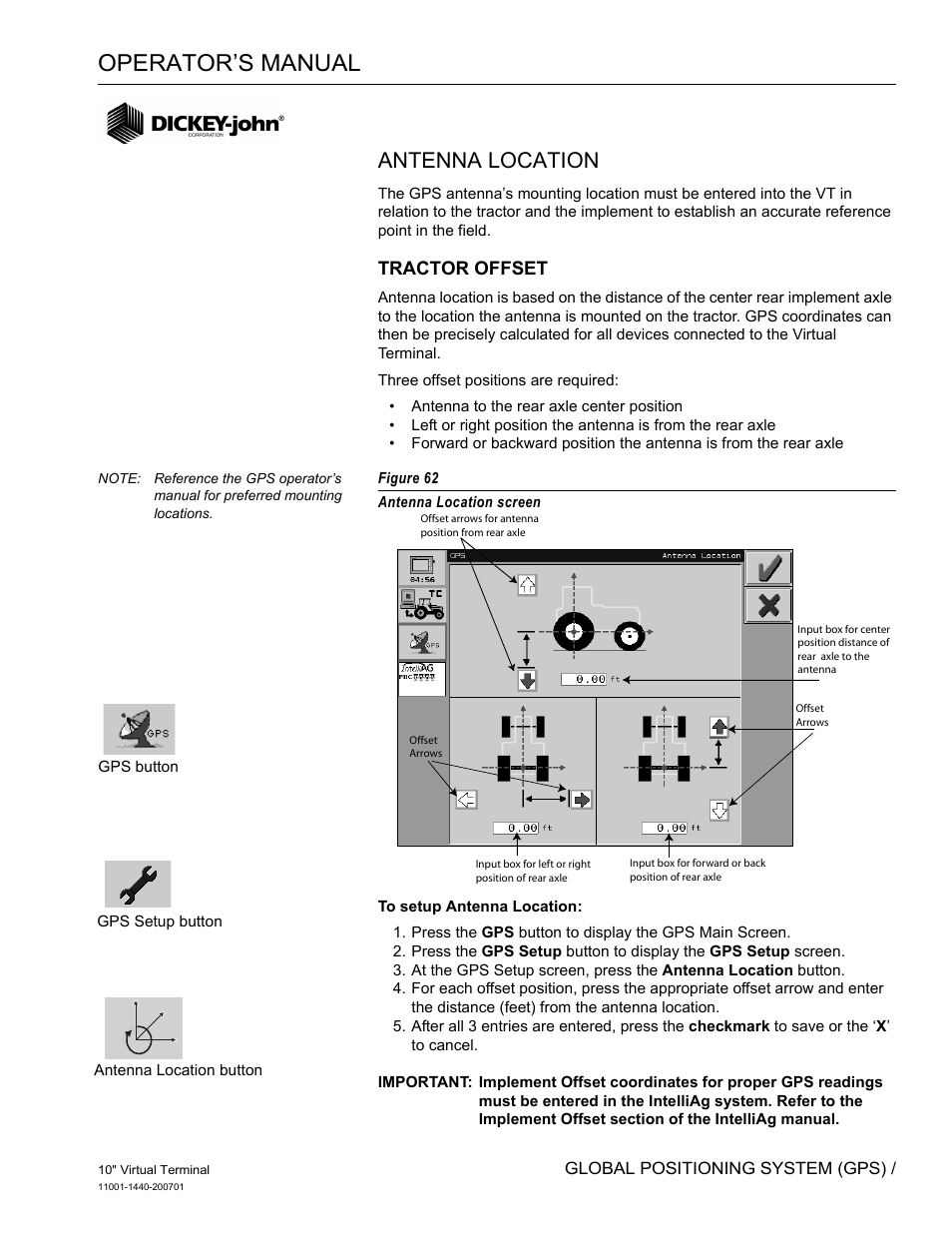 Operator’s manual, Antenna location, Tractor offset | Great Plains DICKEY-john AI100 10-inch Virtual Terminal User Manual | Page 69 / 73