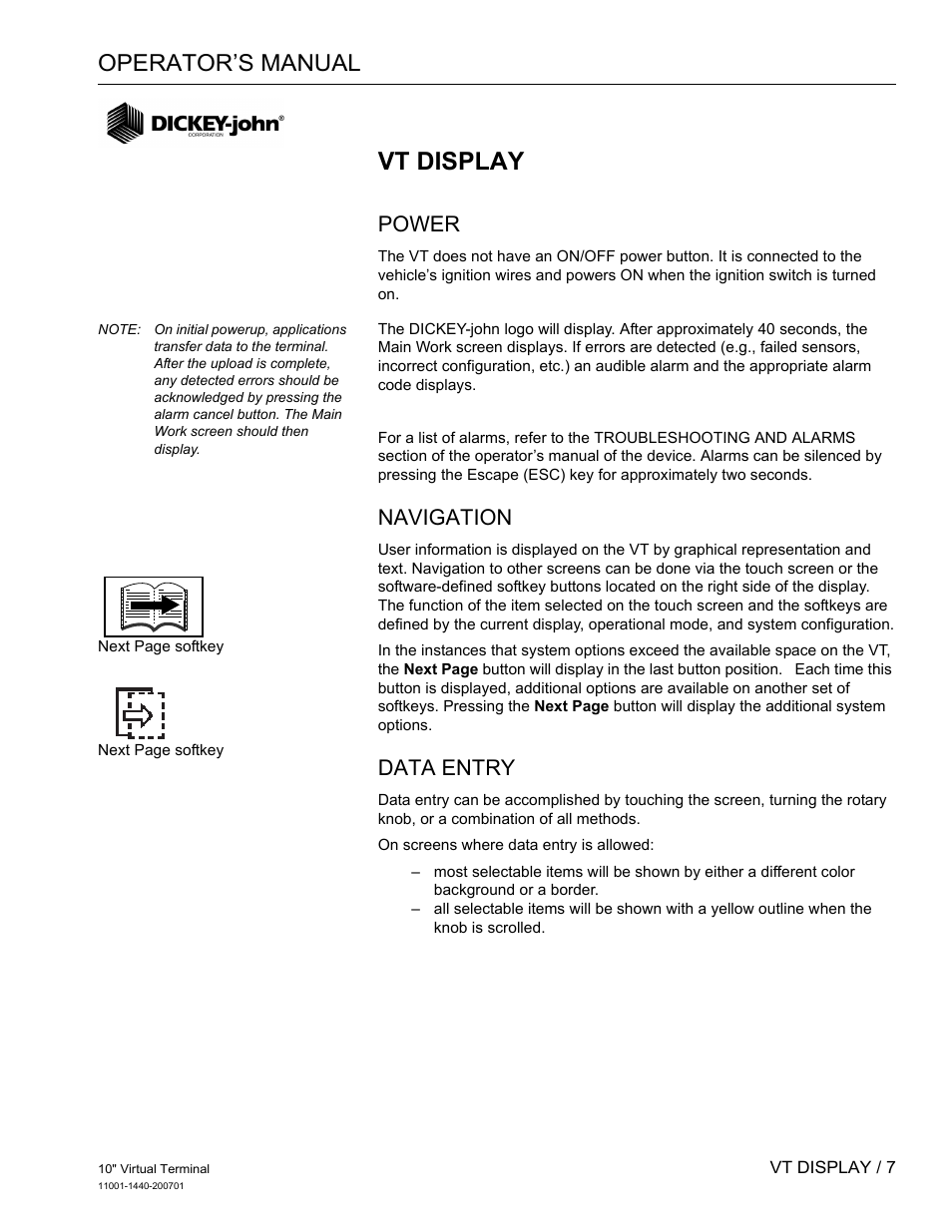 Vt display, Operator’s manual, Power | Navigation, Data entry | Great Plains DICKEY-john AI100 10-inch Virtual Terminal User Manual | Page 9 / 73