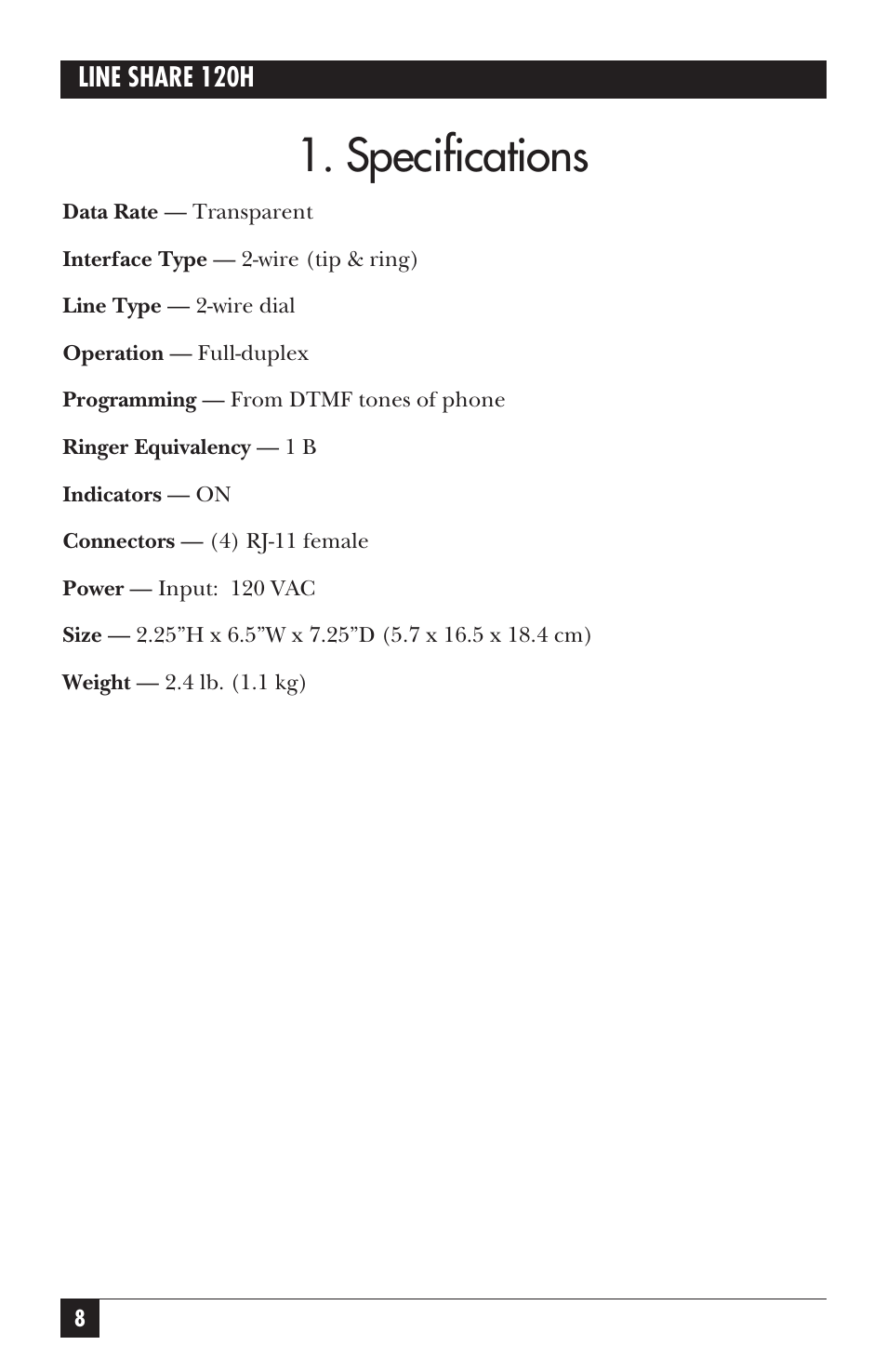 Specifications | Black Box 120H User Manual | Page 7 / 25