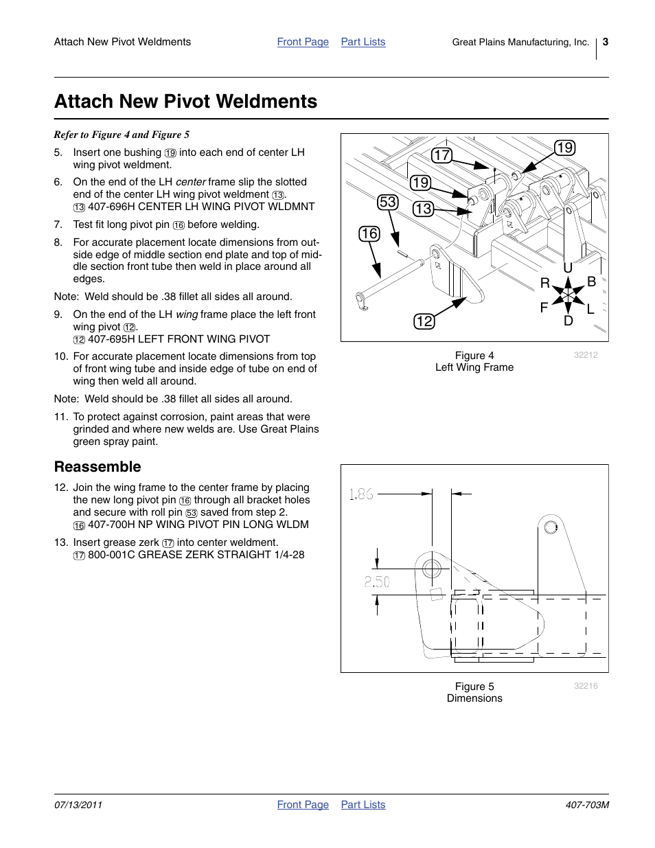 Attach new pivot weldments, Reassemble | Great Plains Nutri Pro Wing Pivot User Manual | Page 3 / 6