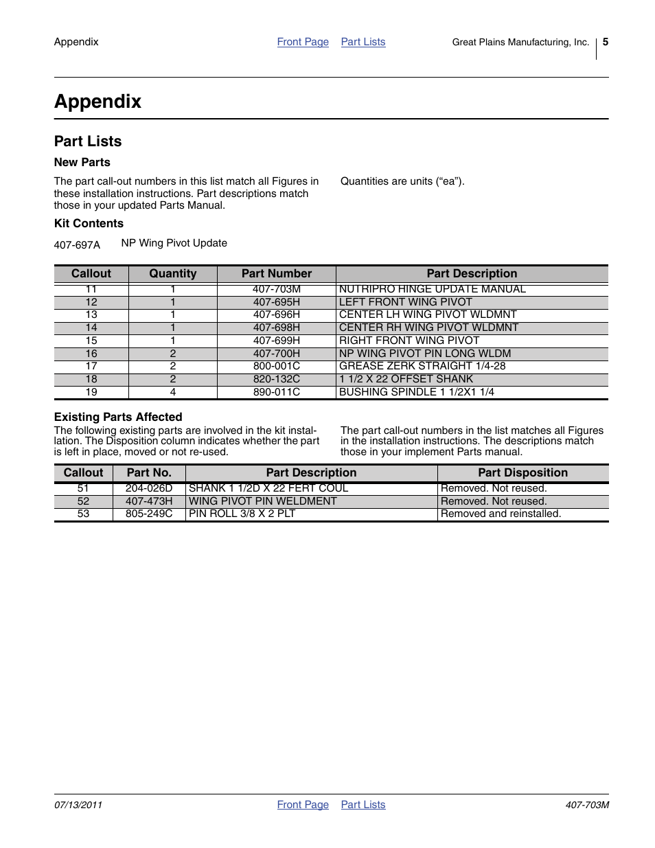 Appendix, Part lists, Ange 11 to 19 ref | Into each end of center lh, 696h center lh wing pivot wldmnt, 695h left front wing pivot, Through all br, 700h np wing pivot pin long wldm, 001c grease zerk straight 1/4-28, 132c 1 1/2 x 22 offset shank | Great Plains Nutri Pro Wing Pivot User Manual | Page 5 / 6