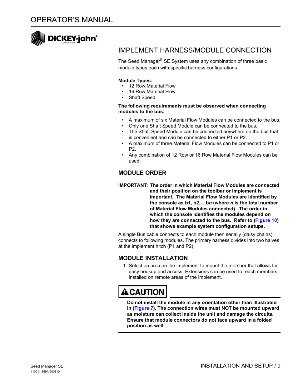 Operator’s manual, Implement harness/module connection | Great Plains DICKEY-john Seed Manager SE Operator Manual User Manual | Page 11 / 71