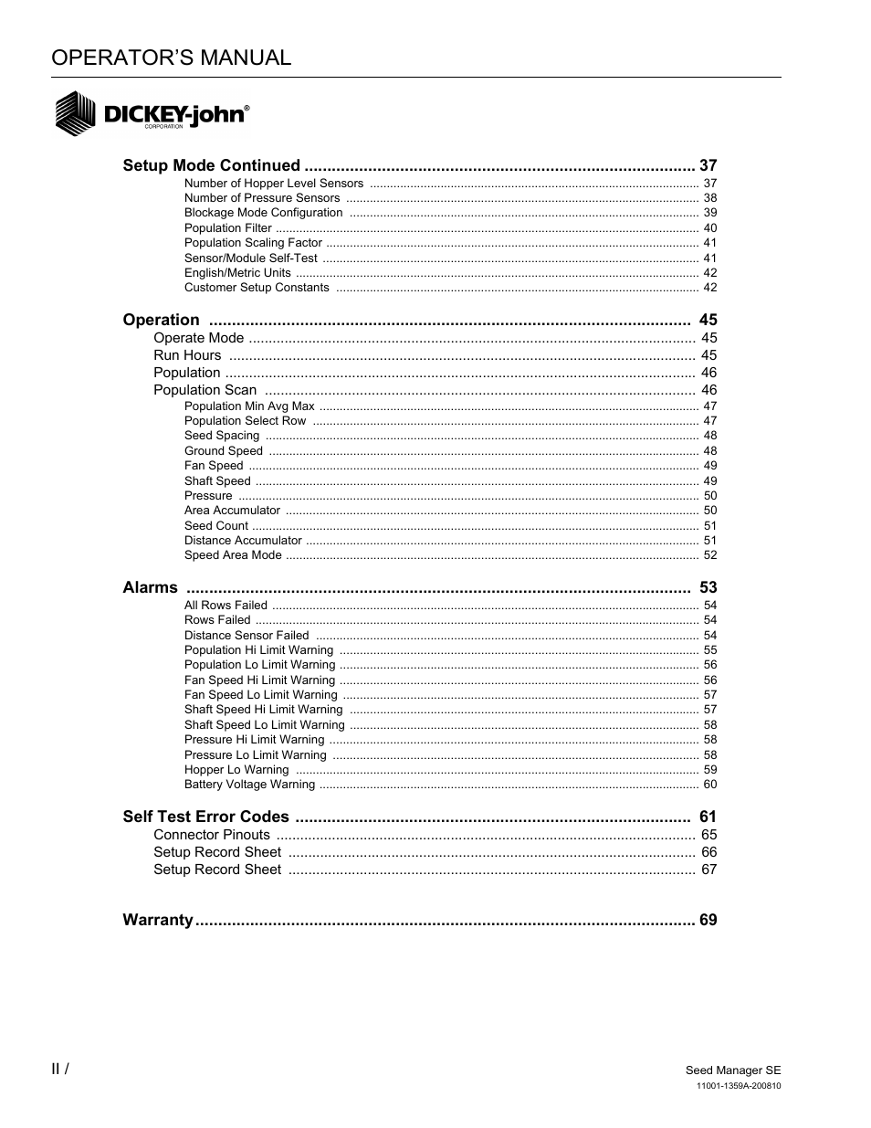 Operator’s manual | Great Plains DICKEY-john Seed Manager SE Operator Manual User Manual | Page 2 / 71