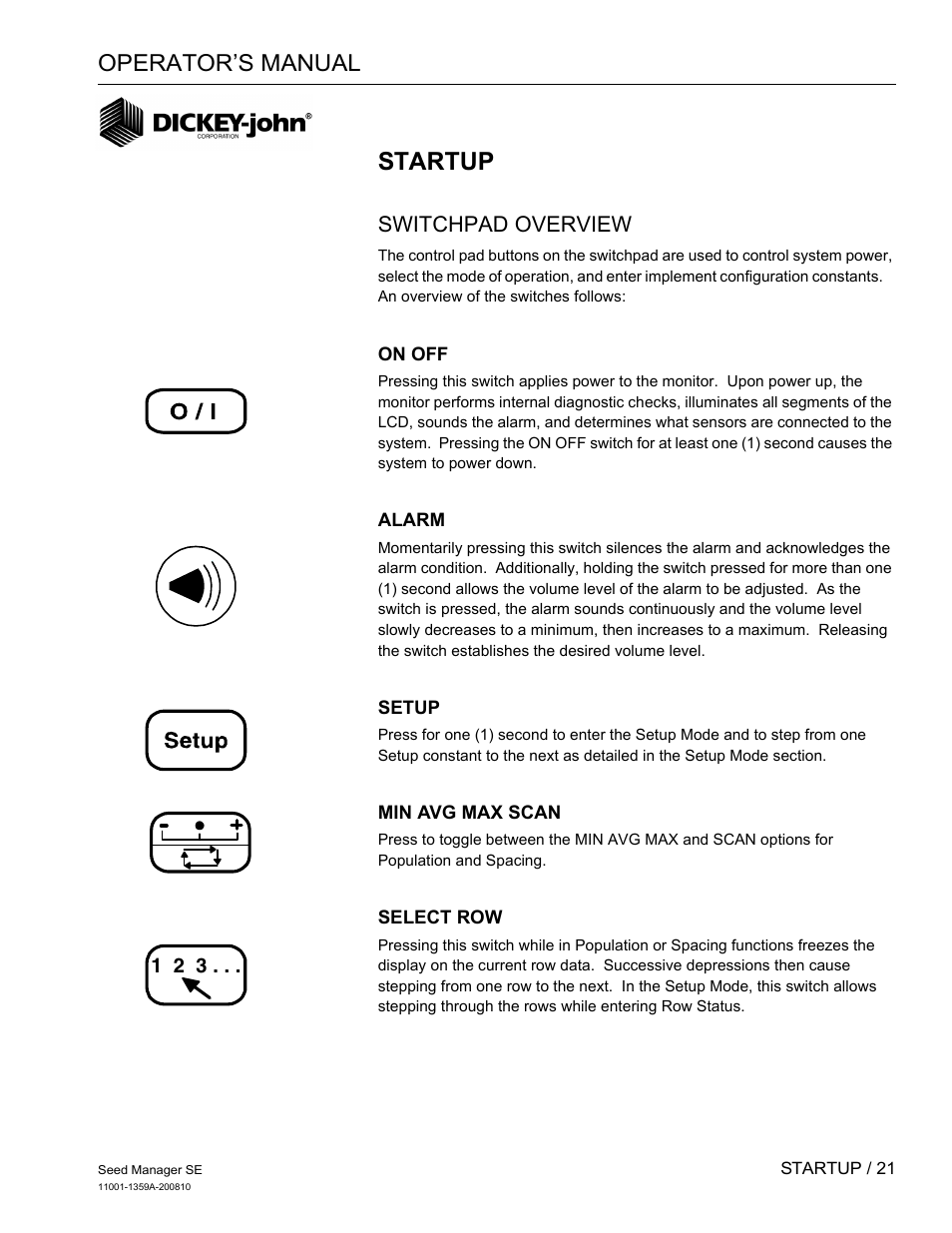 Startup, Operator’s manual, Switchpad overview | Great Plains DICKEY-john Seed Manager SE Operator Manual User Manual | Page 23 / 71