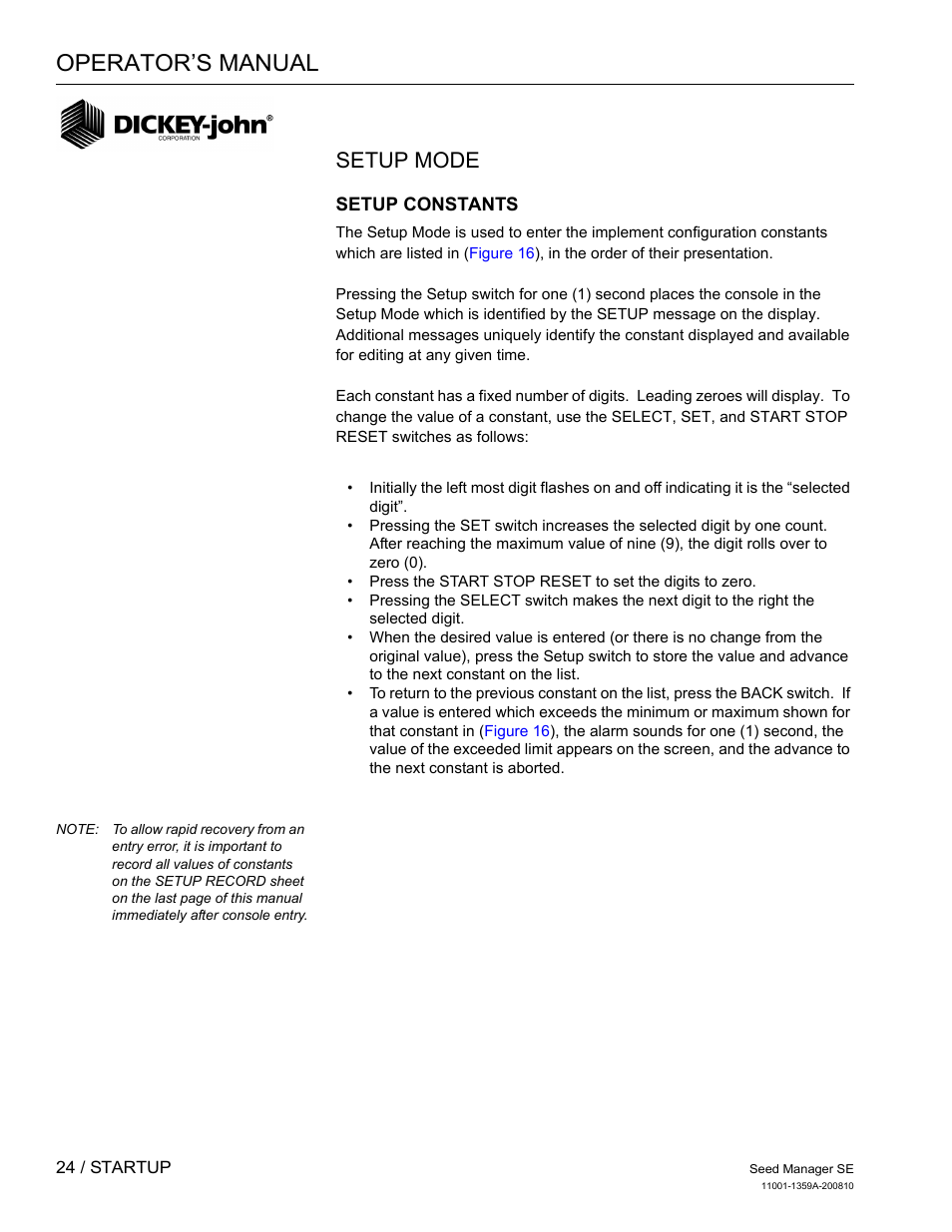 Operator’s manual, Setup mode | Great Plains DICKEY-john Seed Manager SE Operator Manual User Manual | Page 26 / 71