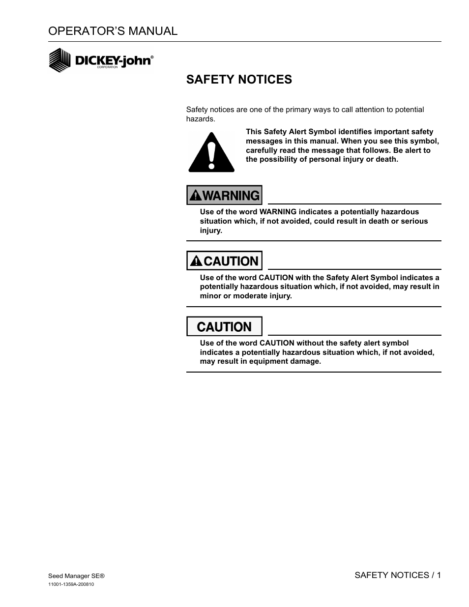 Safety notices, Operator’s manual | Great Plains DICKEY-john Seed Manager SE Operator Manual User Manual | Page 3 / 71