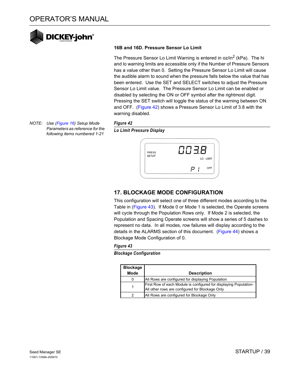 Operator’s manual, Blockage mode configuration | Great Plains DICKEY-john Seed Manager SE Operator Manual User Manual | Page 41 / 71