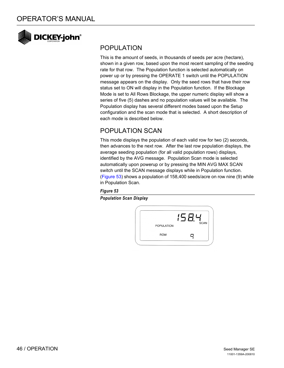 Operator’s manual, Population, Population scan | Great Plains DICKEY-john Seed Manager SE Operator Manual User Manual | Page 48 / 71